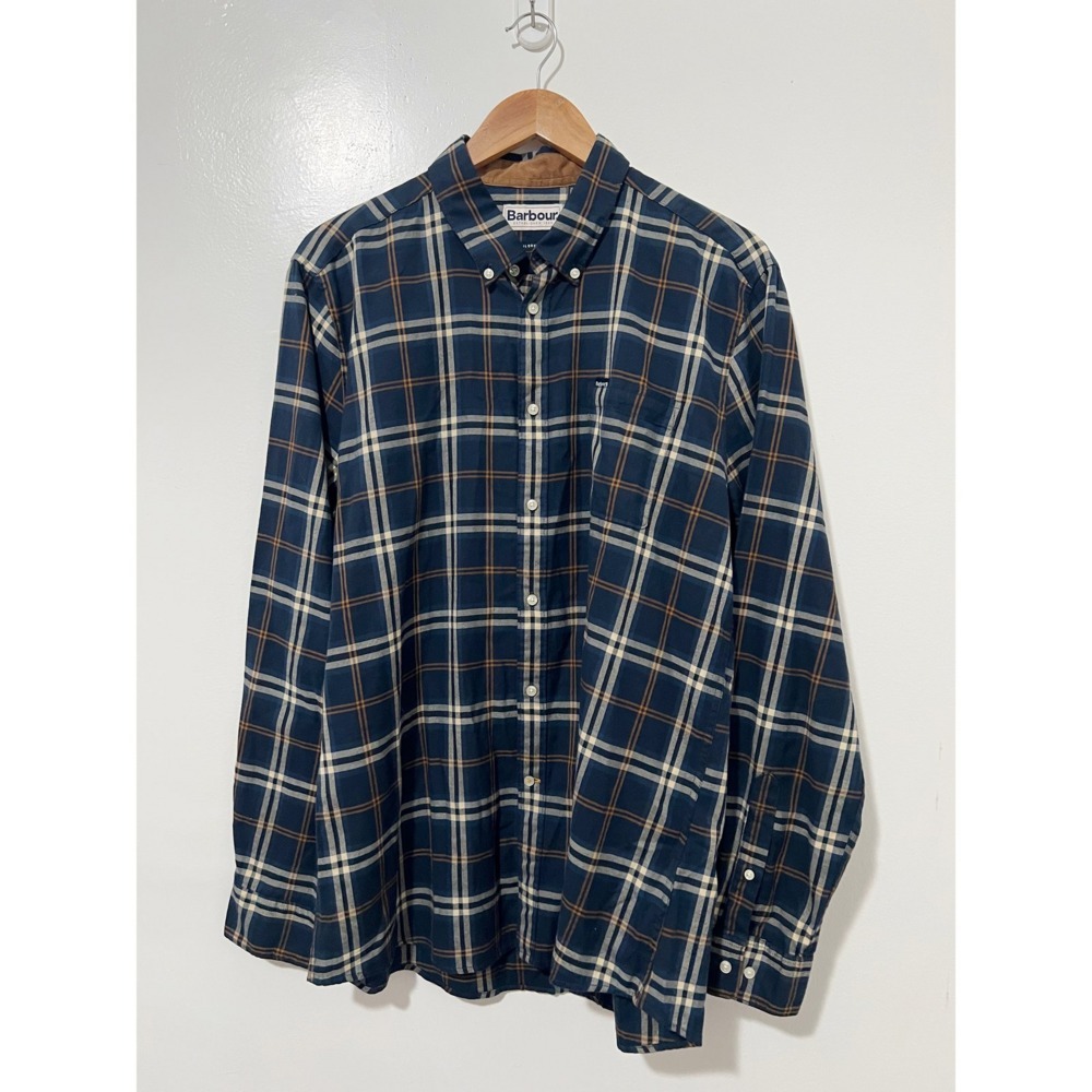 Barbour Mens Tailored Fit Plaid Button Down Shirt Navy Blue Brown XL